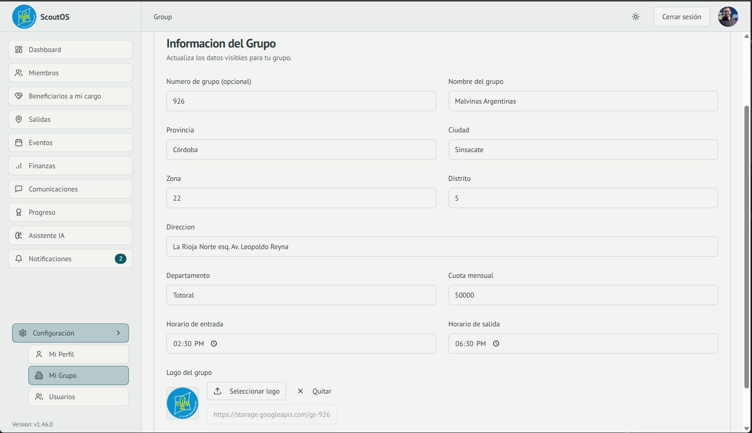 Captura del módulo de administración de grupo y usuarios