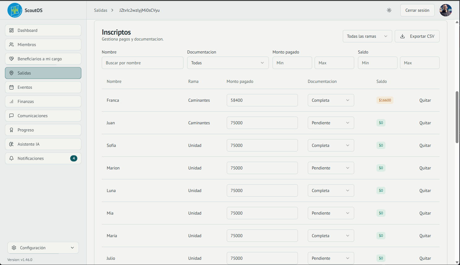 Captura del módulo de participantes costos y tareas