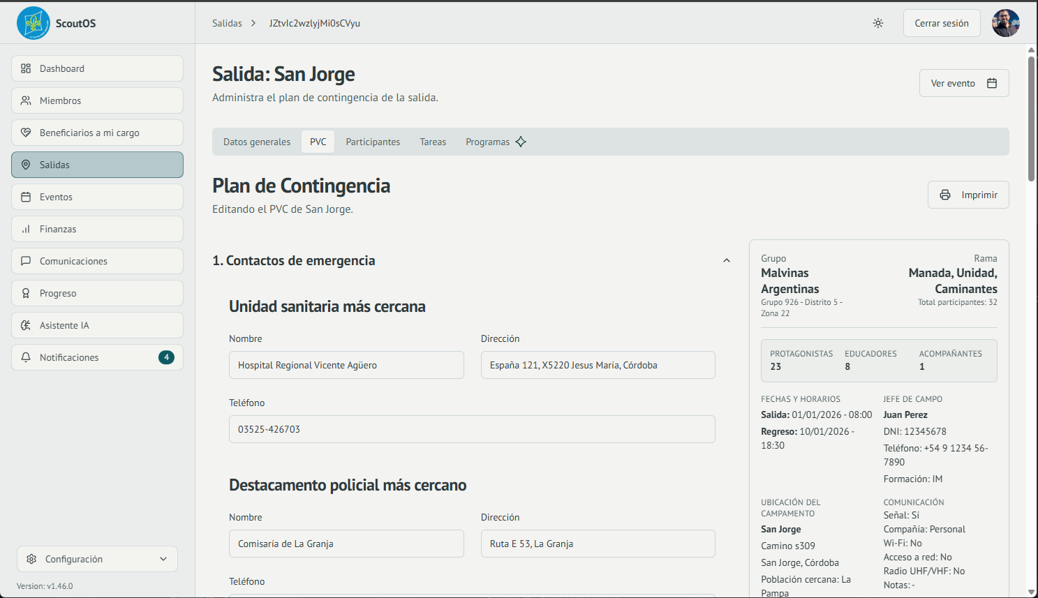 Captura del módulo de salidas y PVC de ScoutOS