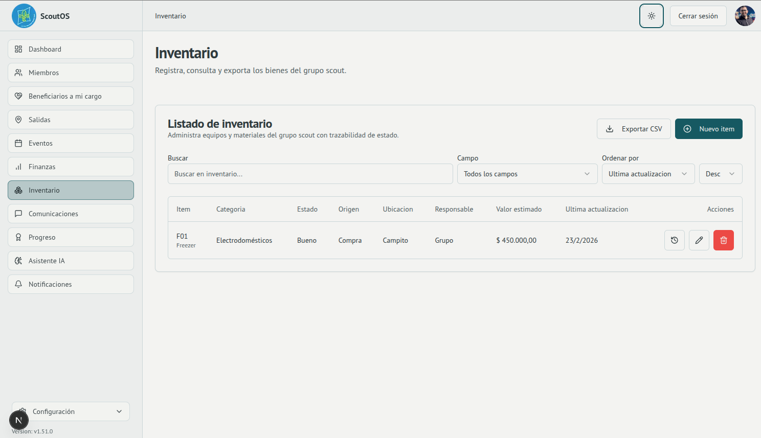 Captura del modulo de inventario de ScoutOS