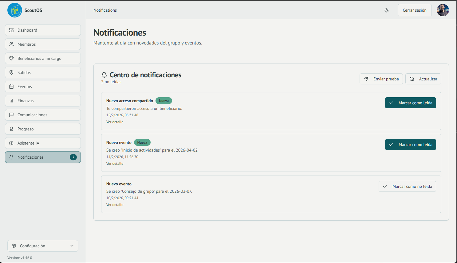 Captura del módulo de notificaciones internas