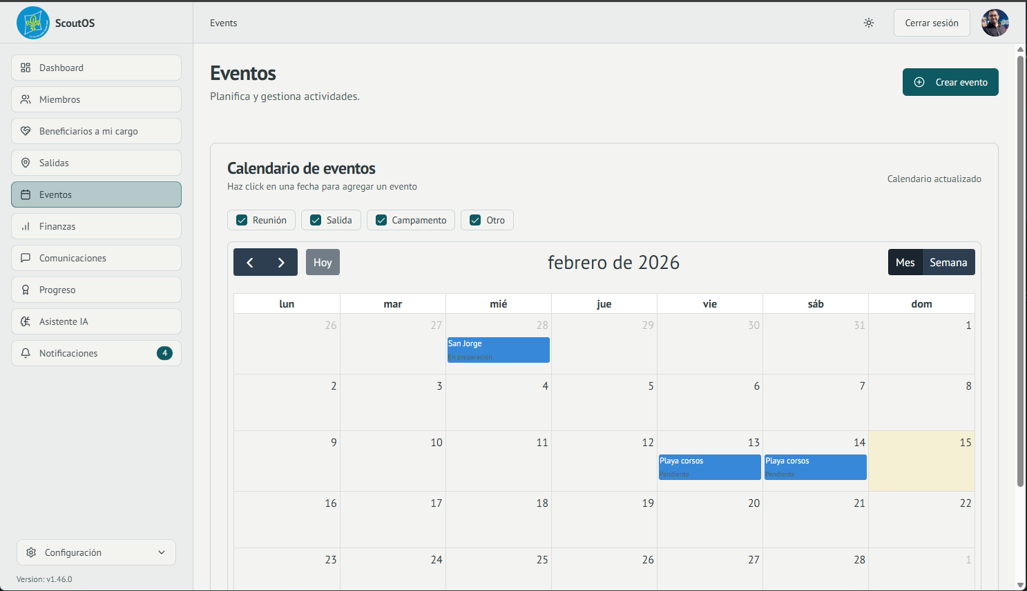 Captura del módulo de planificación de eventos scout