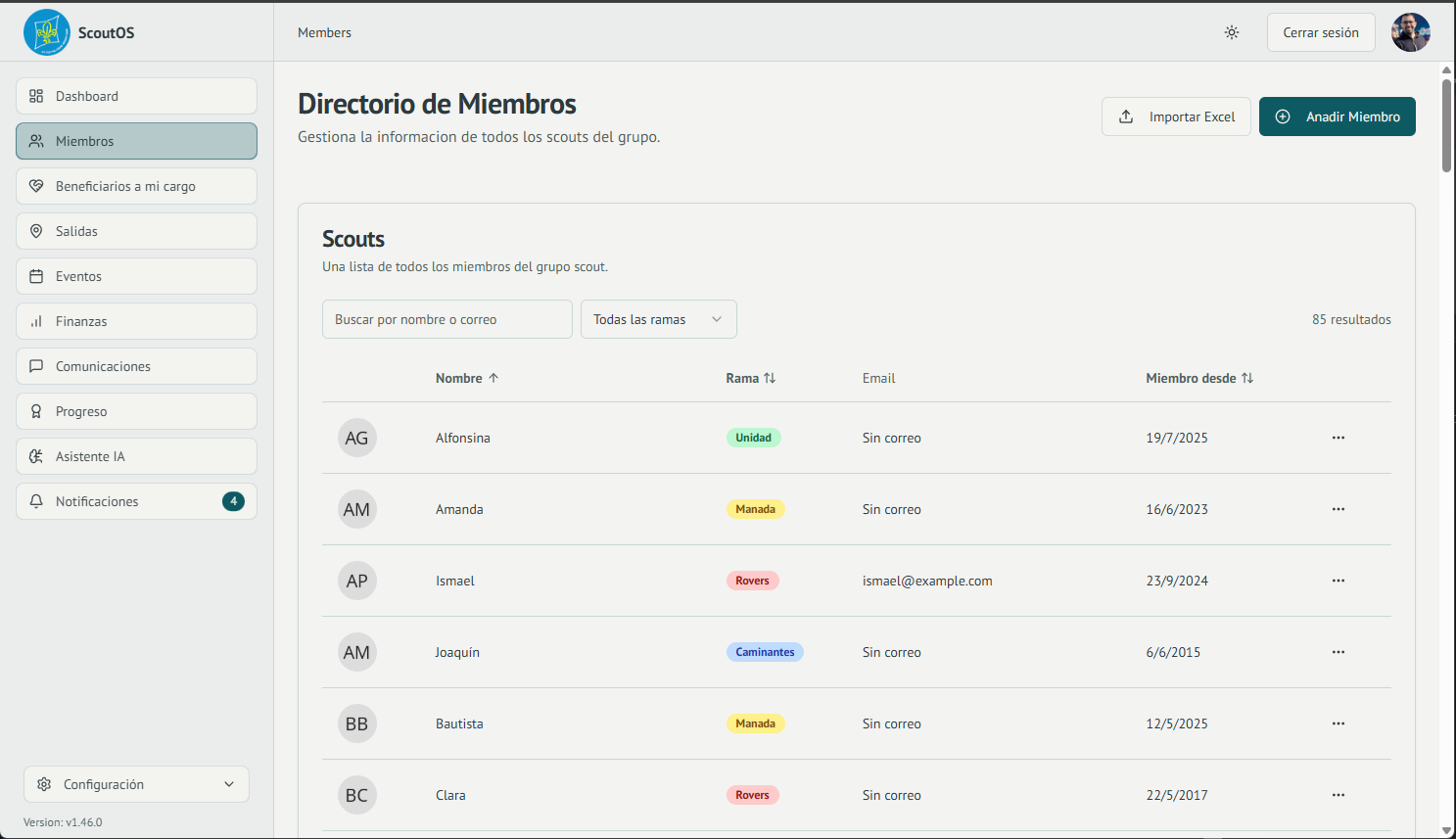 Captura del módulo de gestión de miembros en ScoutOS